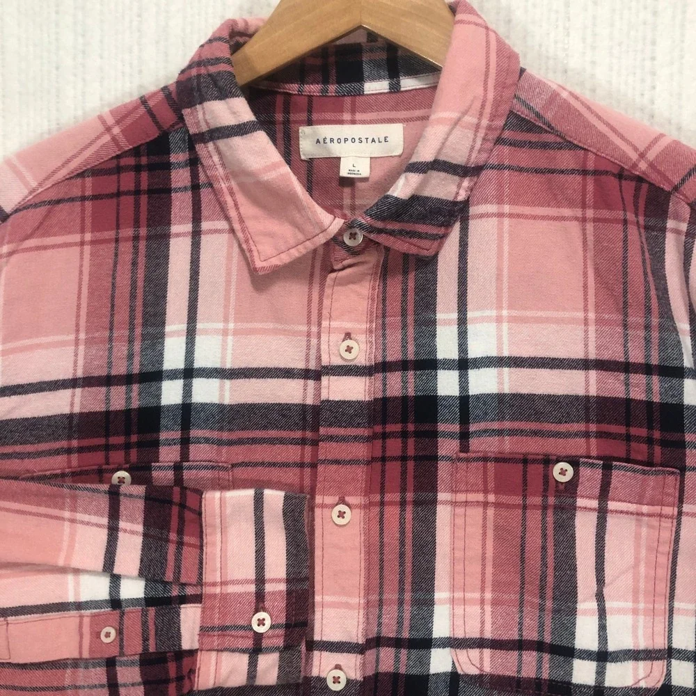 Aeropostale Mens Pink Navy Blue Plaid Flannel Button Down Shirt Large‎ RN 154379